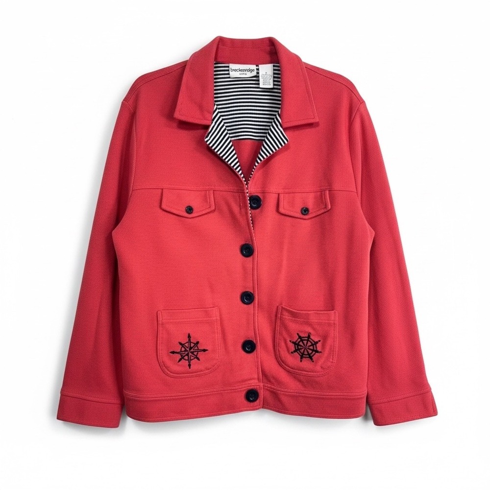 Breckenridge Petite PL Coral Nautical Jacket Compass Embroidered Coastal Preppy